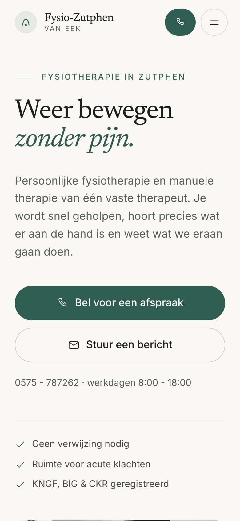 Mobiele homepage van Fysio-Zutphen van Eek