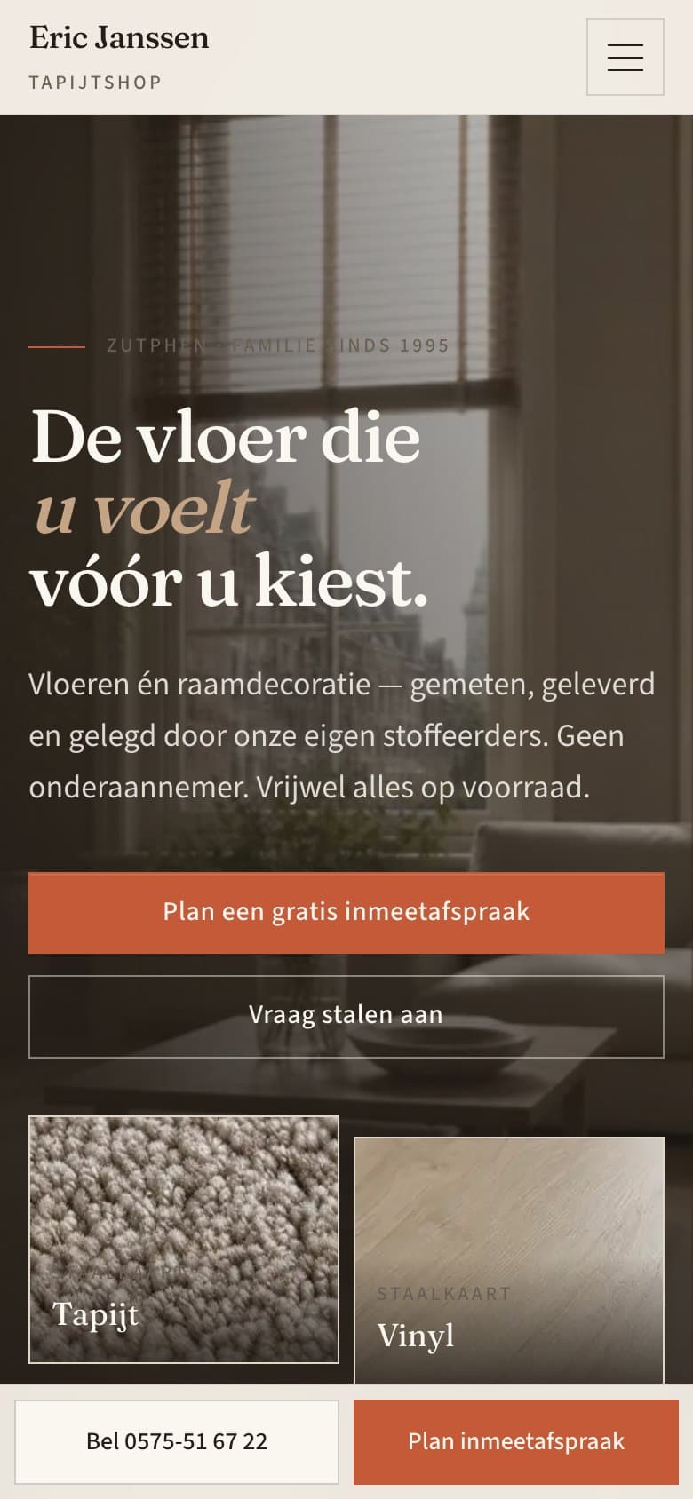 Mobiele homepage van Tapijtshop Eric Janssen